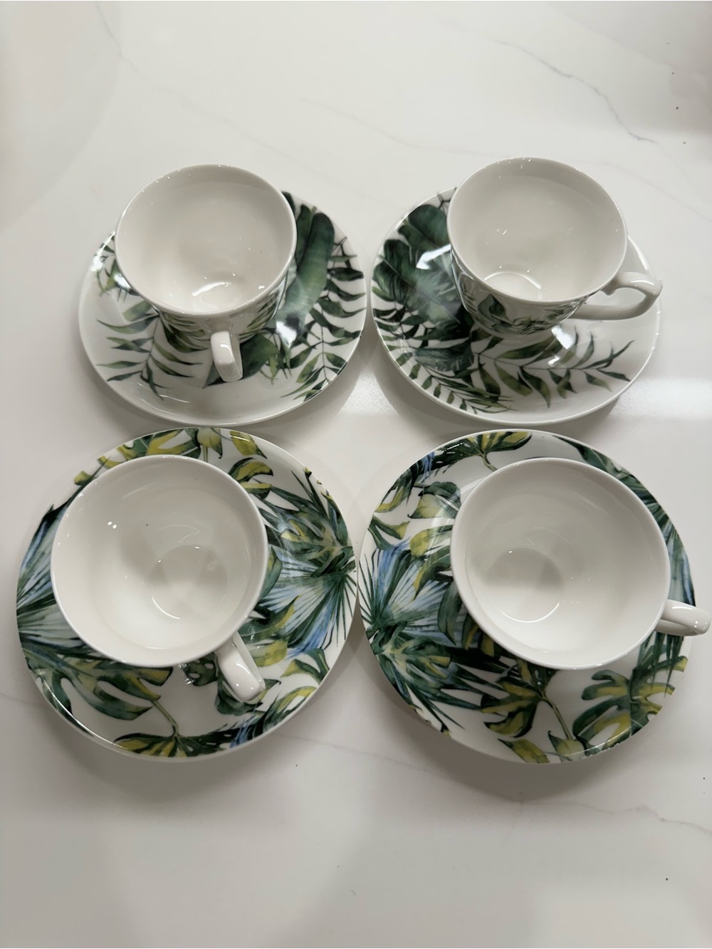 Tropical Leaf Porcelain Espresso Cup and Saucer Set of 4- Green
